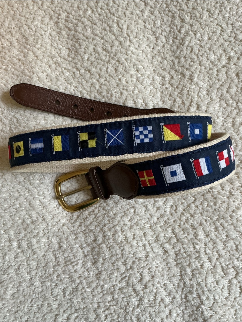 Nautica Navy Webbing Belt with Nautical Flag Embroidery Solid Brass Buckle